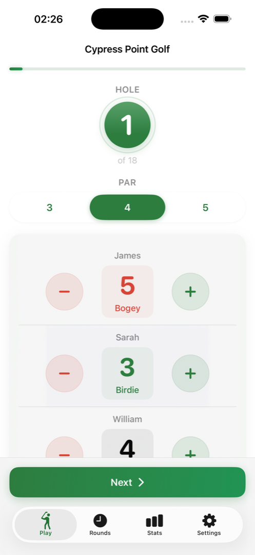 Birdie app - score each hole with simple tap controls