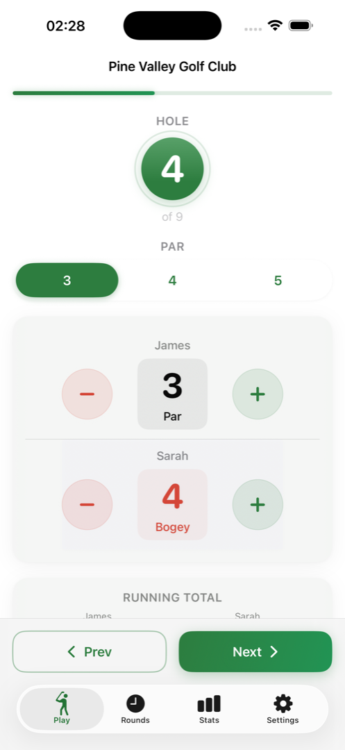 9-hole round scoring with running totals